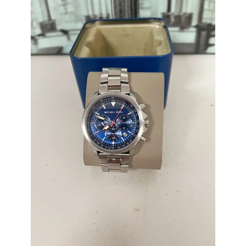 Michael Kors MK8641 Men's Chronograph Watch, Navy Blue Dial, Silver Stainless